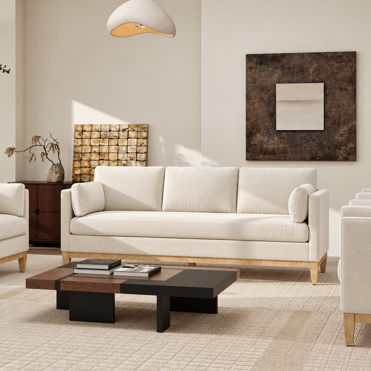 Knox French Beige Velvet Sofa — beige velvet sofa in a warm modern room.