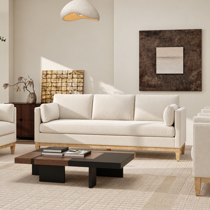 Knox French Beige Velvet Sofa — beige velvet sofa in a warm modern room.