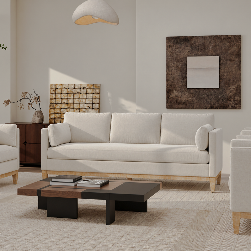 Knox French Beige Velvet Sofa — beige velvet sofa in a warm modern room.