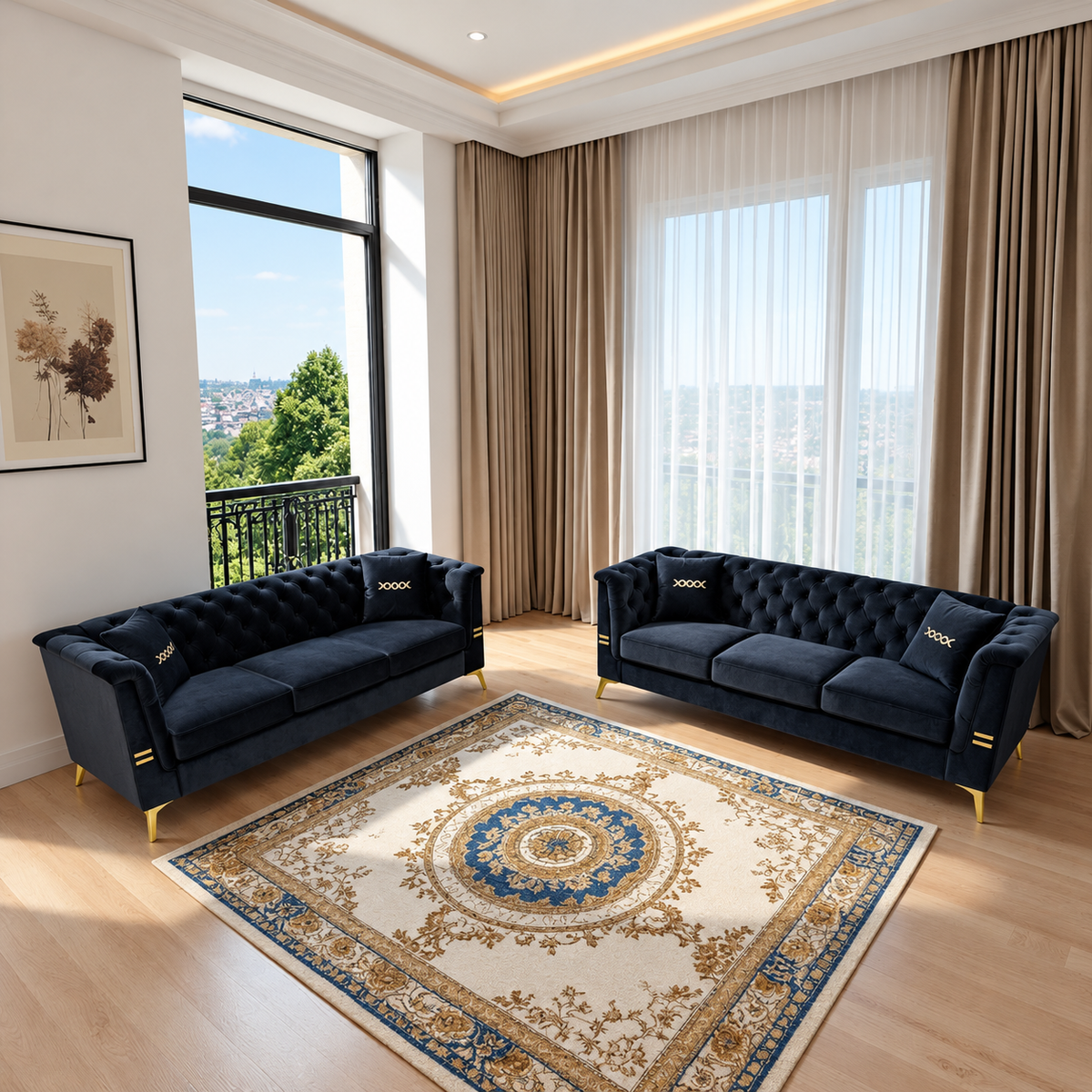 Black Velvet Two-Sofa Set — two black sofas in a bright living room.