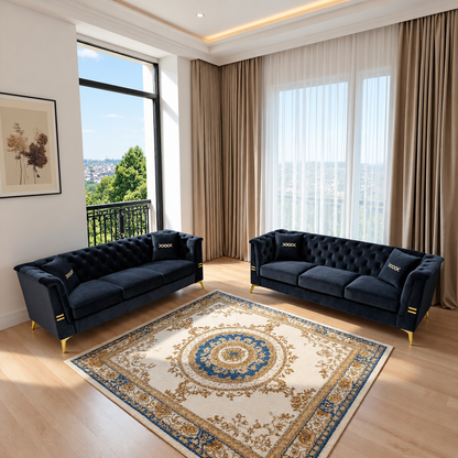 Black Velvet Two-Sofa Set — two black sofas in a bright living room.