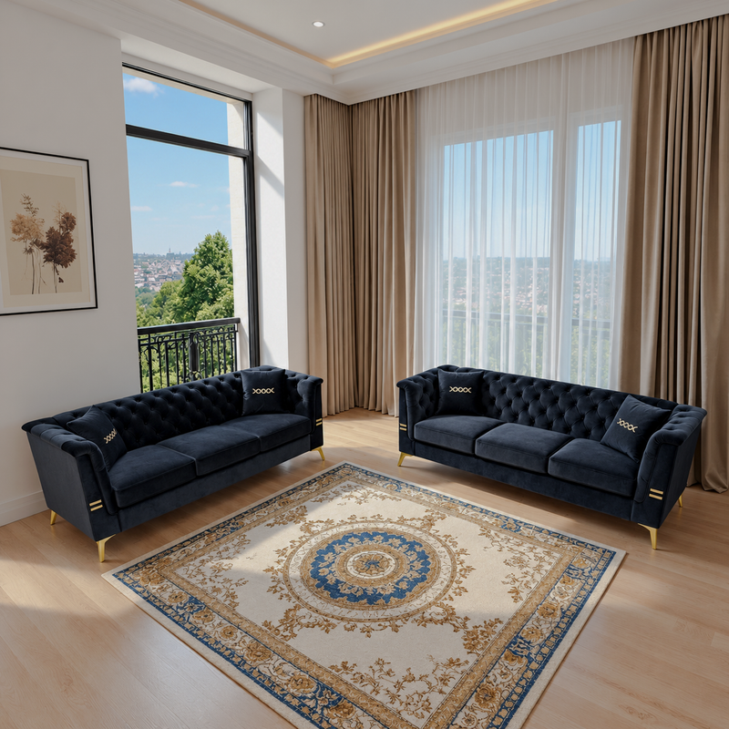 Black Velvet Two-Sofa Set — two black sofas in a bright living room.