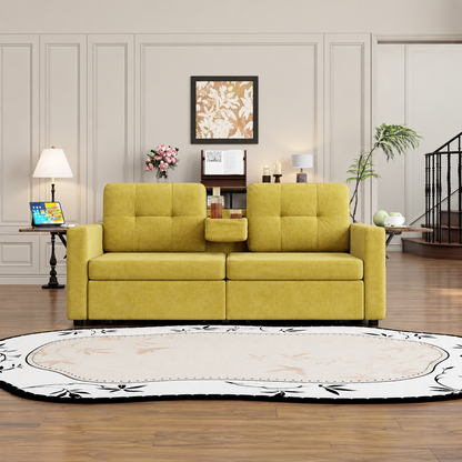 Chenille Storage Loveseat with Side Tables — yellow loveseat with side tables in a living room.