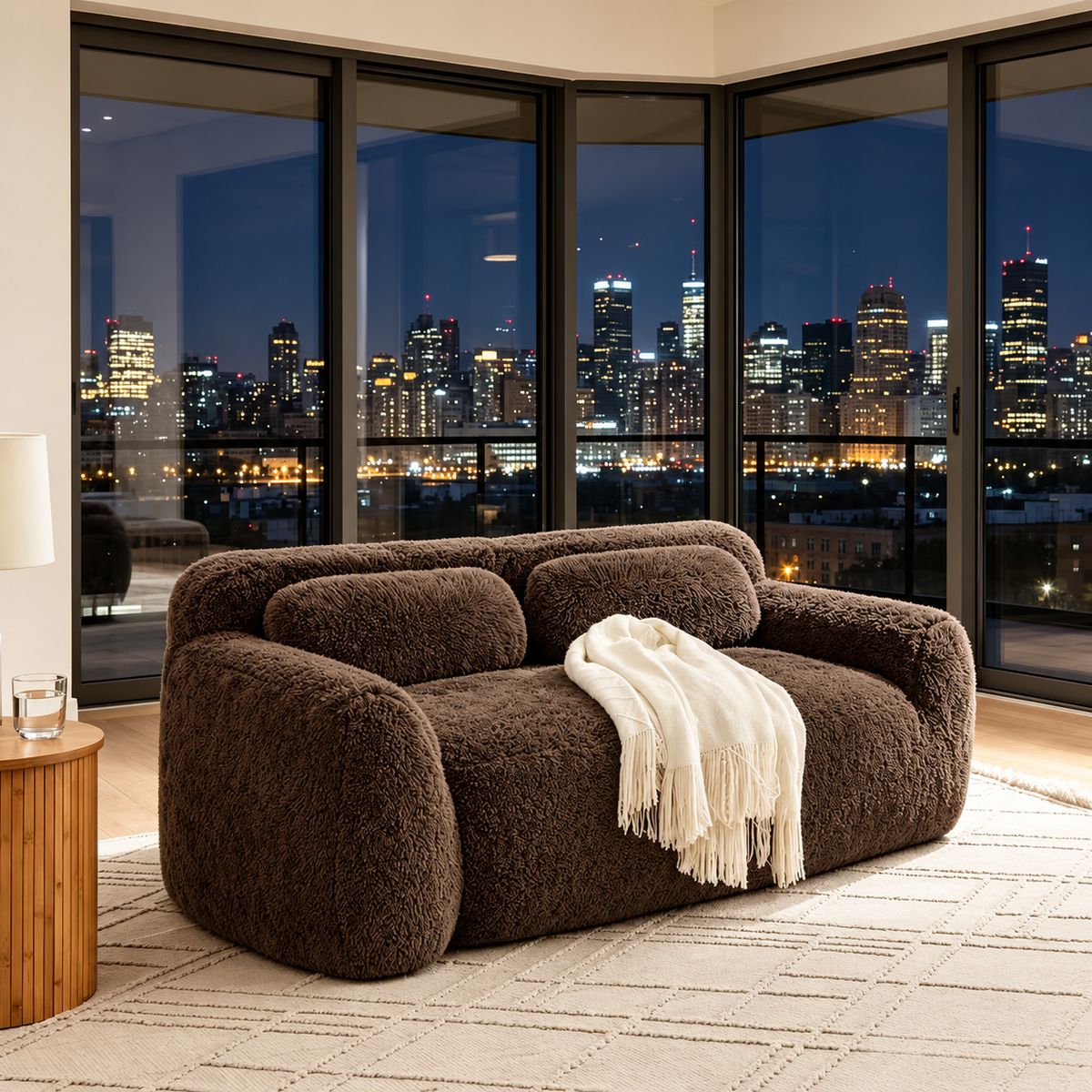 Plush Modular Two-Seat Sofa — chocolate sofa in a city apartment at night.