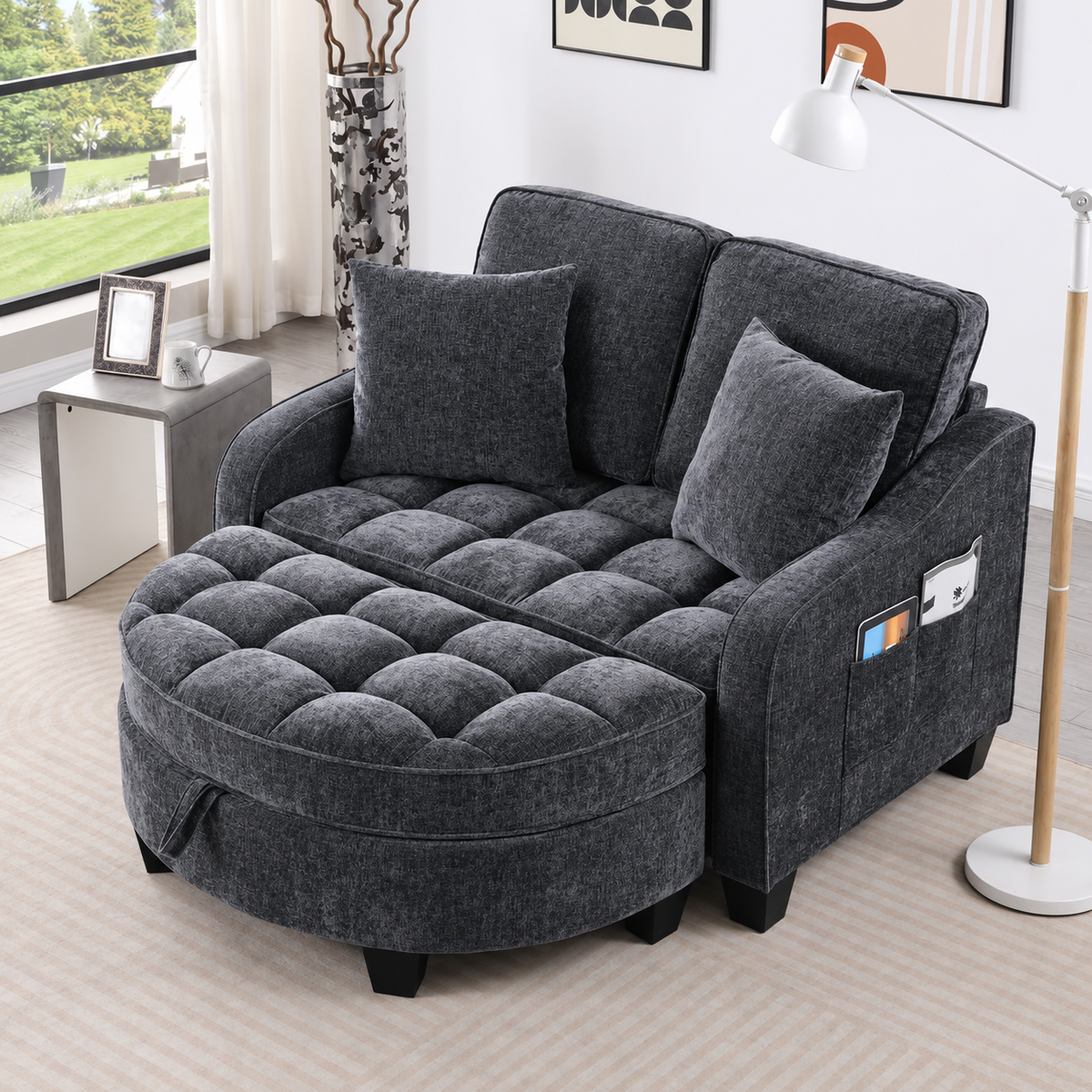 Tufted Loveseat with Storage Footrest — charcoal loveseat with footrest in front.