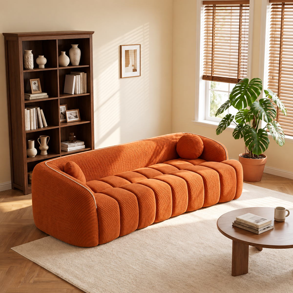 Channel-Tufted Corduroy Lounge Sofa — orange corduroy sofa in a living room.