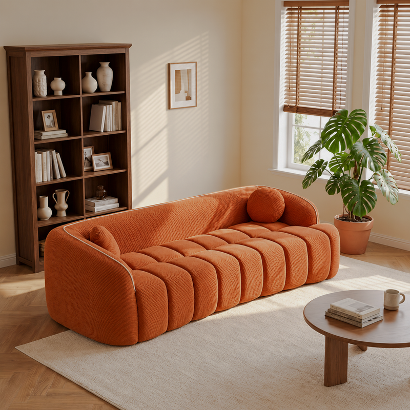 Channel-Tufted Corduroy Lounge Sofa — orange corduroy sofa in a living room.