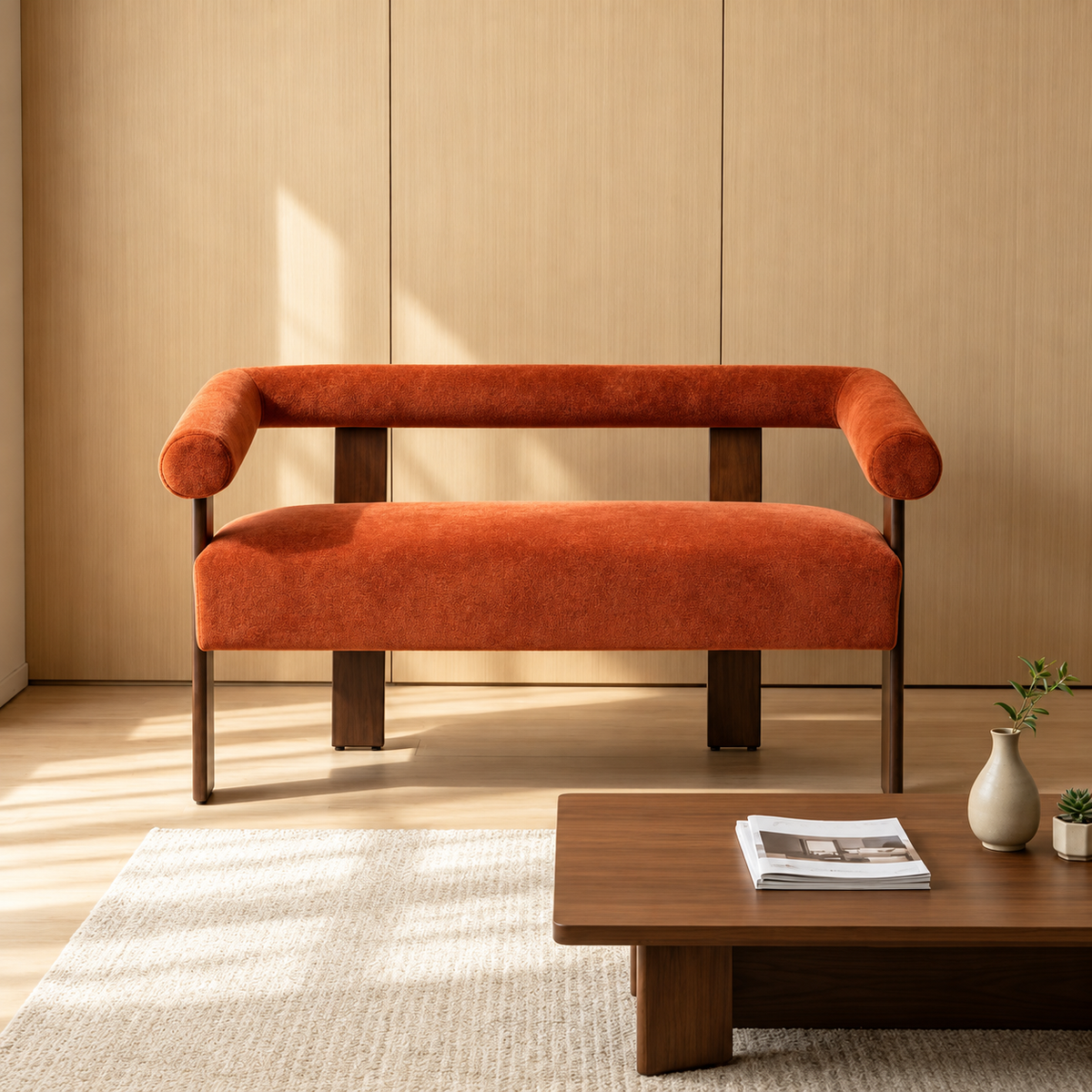 Rust Upholstered Loveseat with Wood Frame — rust loveseat in a warm living room.