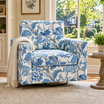 Blue Botanical Swivel Accent Chair — botanical print chair beside a window.