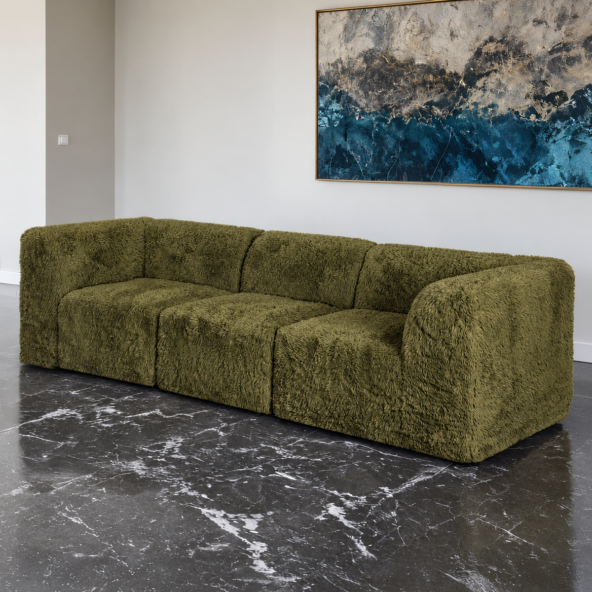 Olive Plush Modular Sofa — olive modular sofa in a living room.