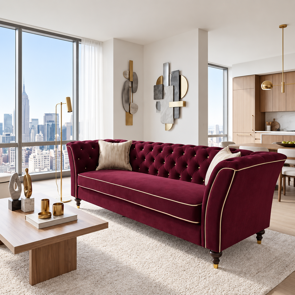 Chesterfield Sofa with Contrast Piping — burgundy sofa in a city apartment.