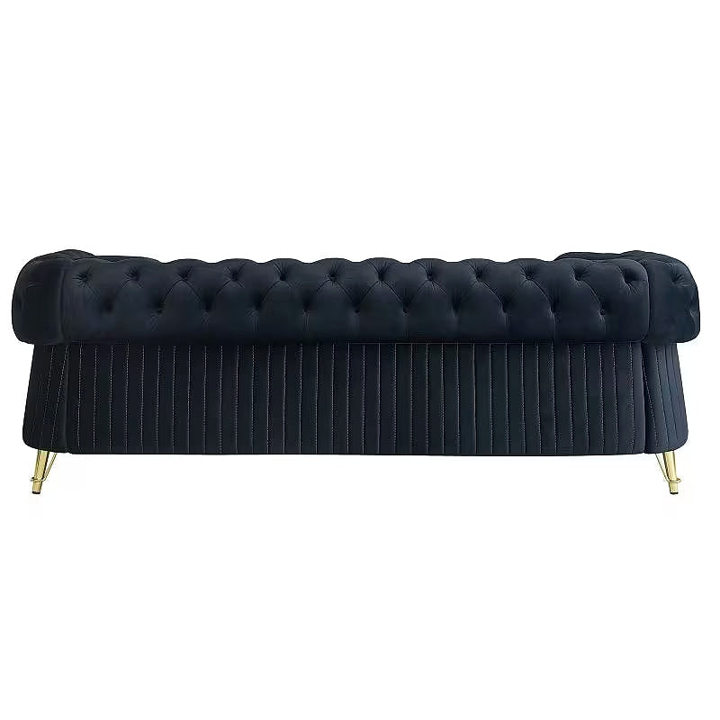 Straight rear view of the black tufted Chesterfield sofa
