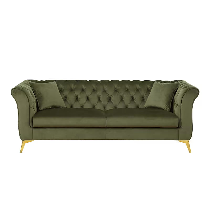 Front view of the Stanford green tufted sofa on a white background