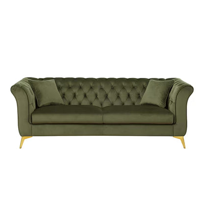 Front view of the Stanford green tufted sofa on a white background