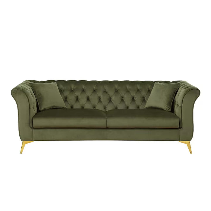 Front view of the Stanford green tufted sofa on a white background