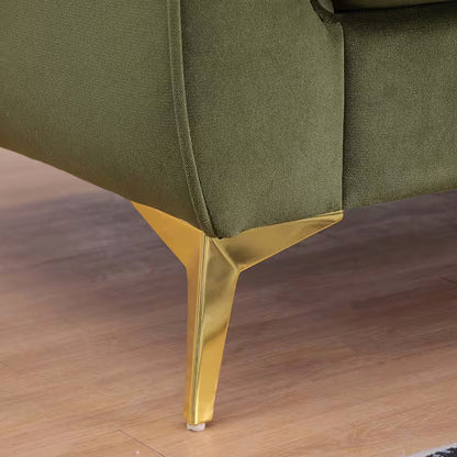 Close-up of the Stanford sofa gold-tone angled leg and upholstered corner