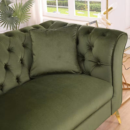 Close-up of the Stanford sofa tufted back, curved arm and square pillow