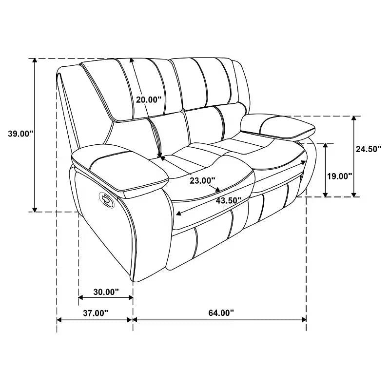 Elodie reclining loveseat dimension diagram: 64 inches wide, 37 inches deep and 39 inches high