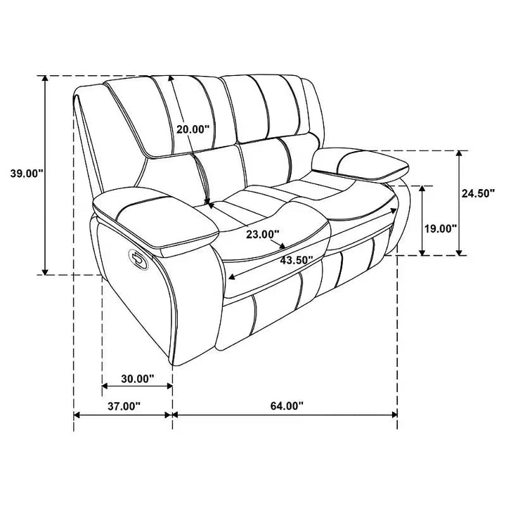 Elodie reclining loveseat dimension diagram: 64 inches wide, 37 inches deep and 39 inches high