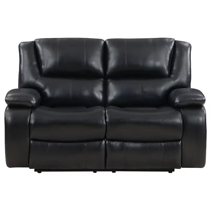 Front view of the Elodie black reclining loveseat with two padded seats