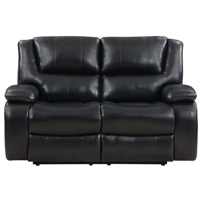 Front view of the Elodie black reclining loveseat with two padded seats