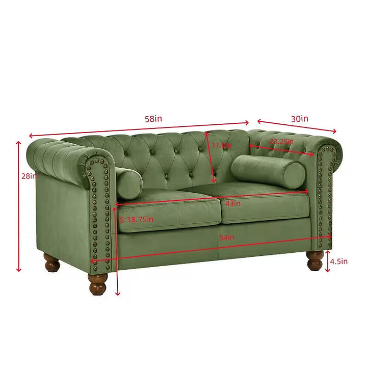Green Chesterfield loveseat dimension diagram: 58 inches wide, 30 inches deep and 28 inches high