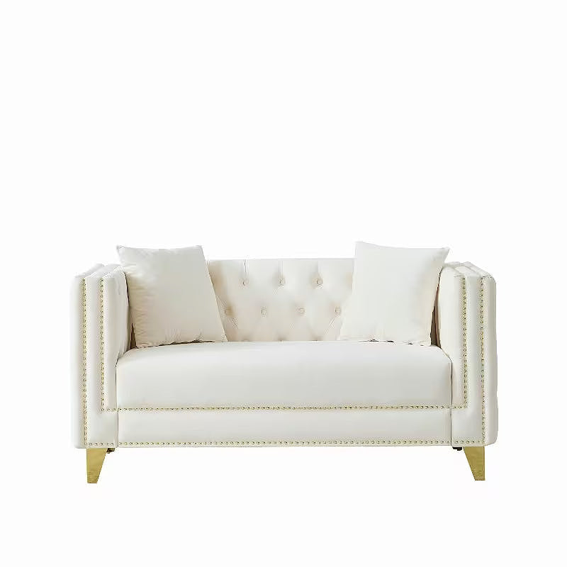 Beige velvet Chesterfield loveseat, straight-on studio front view