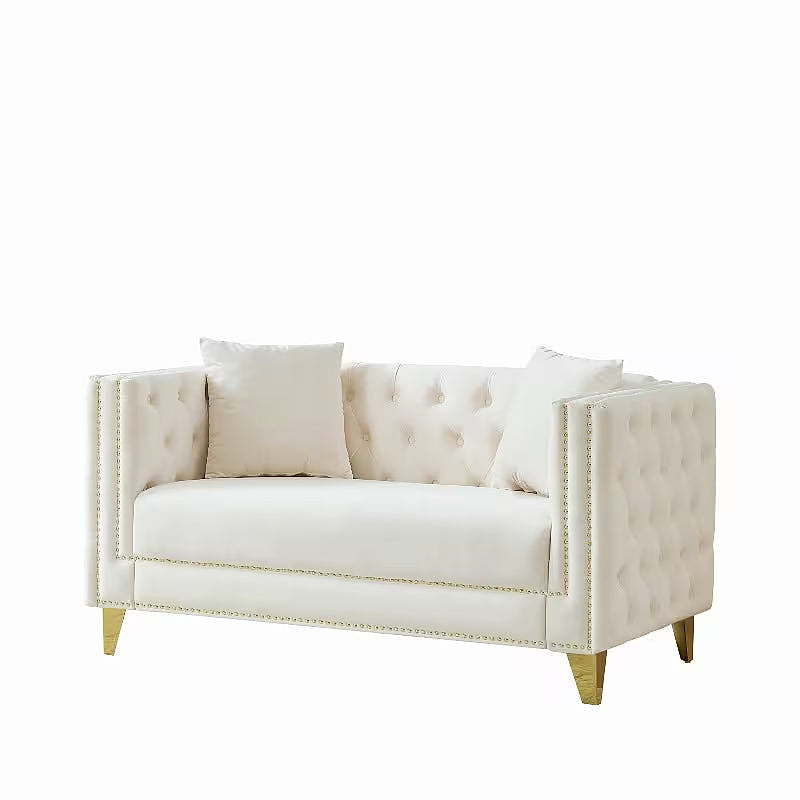 Beige velvet Chesterfield loveseat, angled studio view