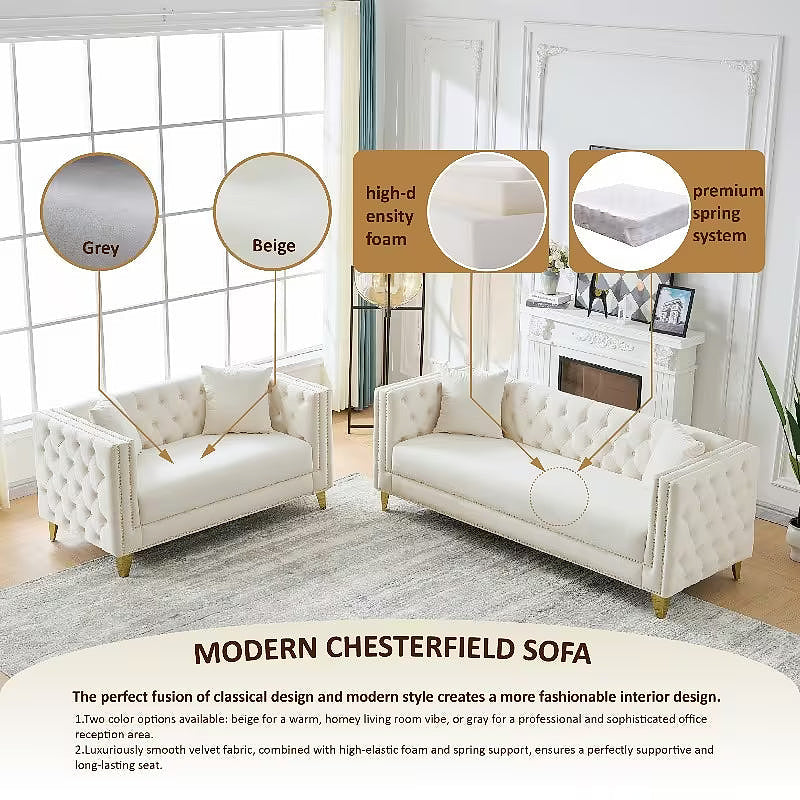 Chesterfield seating feature graphic showing beige seating, upholstery swatches and cushion construction
