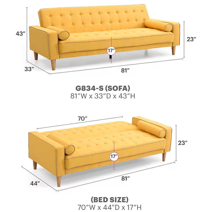 Andrews sofa bed dimension diagram showing sofa and flat sleeping configurations