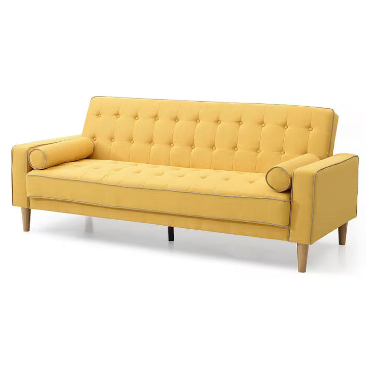 Andrews yellow tufted sofa bed, angled front view