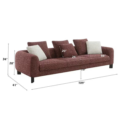 Mardi Maroon Tweed Sofa — dimension diagram showing 109-inch overall width