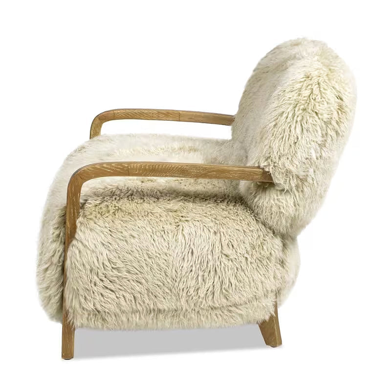 Enchante Sheepskin Accent Loveseat — side view showing curved oak arms