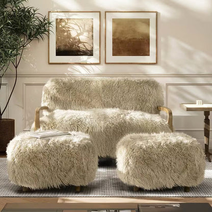 Enchante Sheepskin Accent Loveseat — front view styled with two separate ottomans