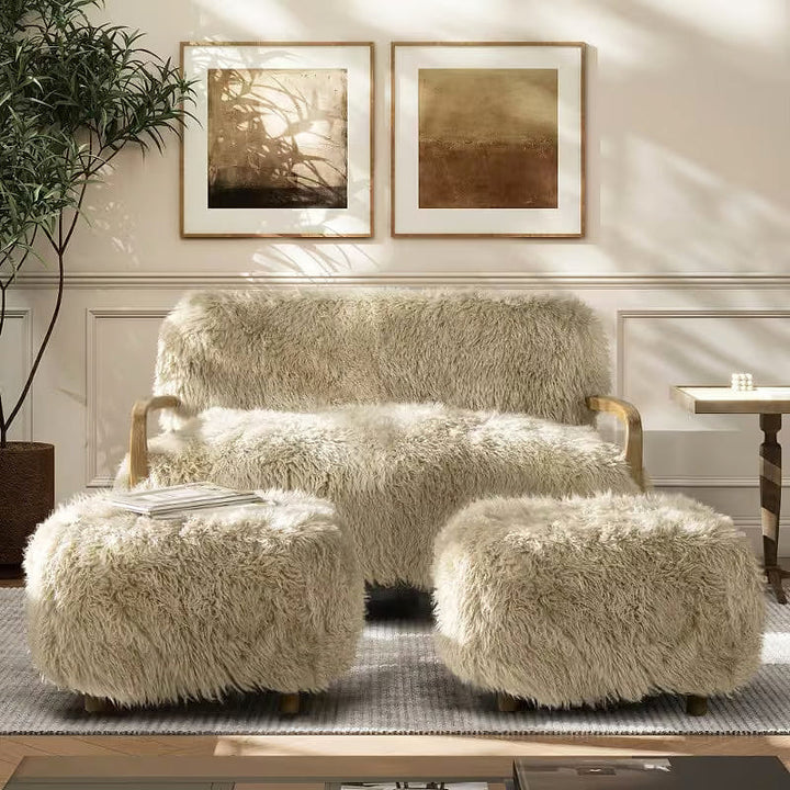 Enchante Sheepskin Accent Loveseat — front view styled with two separate ottomans