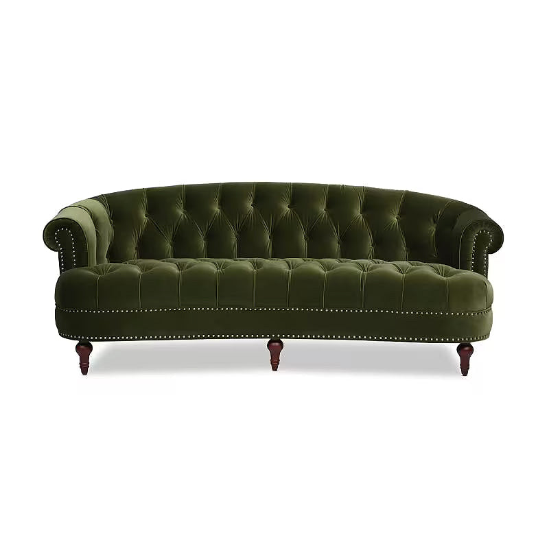 La Rosa Olive Green Velvet Chesterfield Sofa — front view with button tufting and nailhead trim