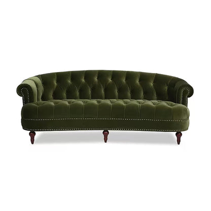 La Rosa Olive Green Velvet Chesterfield Sofa — front view with button tufting and nailhead trim
