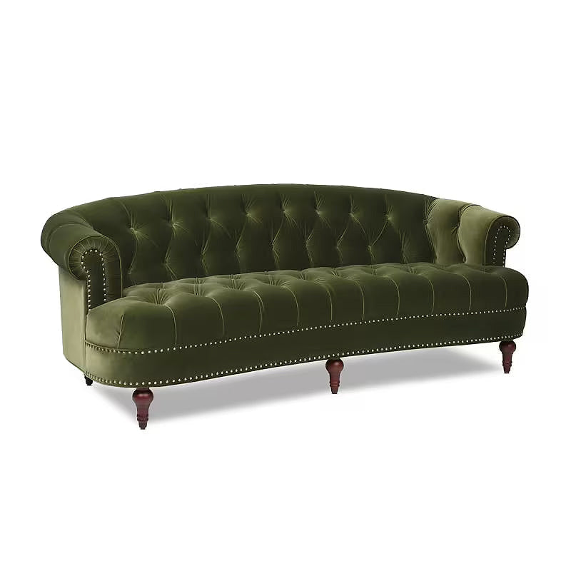 La Rosa Olive Green Velvet Chesterfield Sofa — three-quarter view with rolled arms