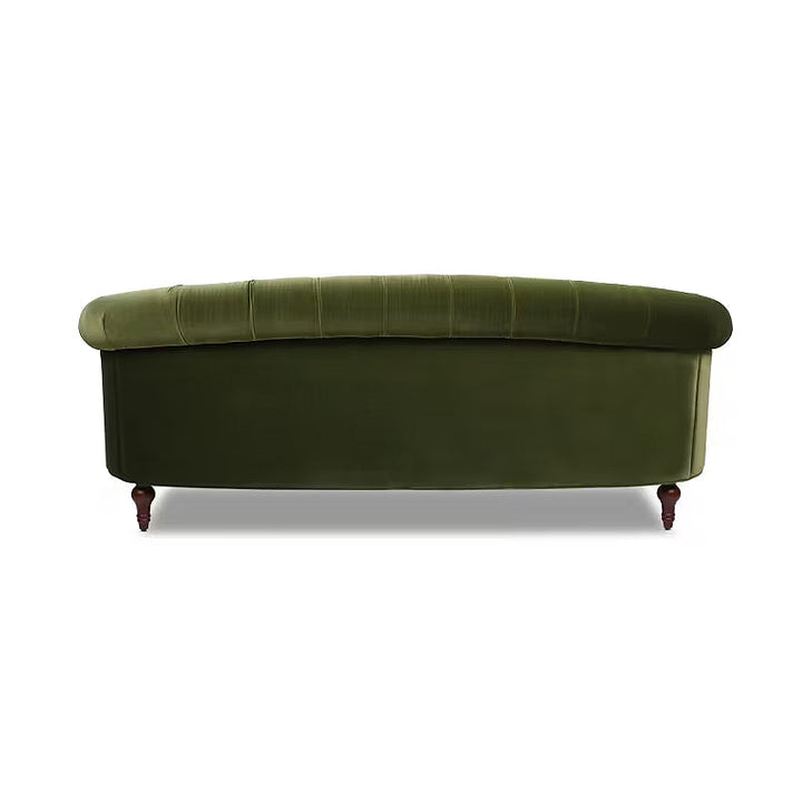 La Rosa Olive Green Velvet Chesterfield Sofa — rear view with dark turned legs