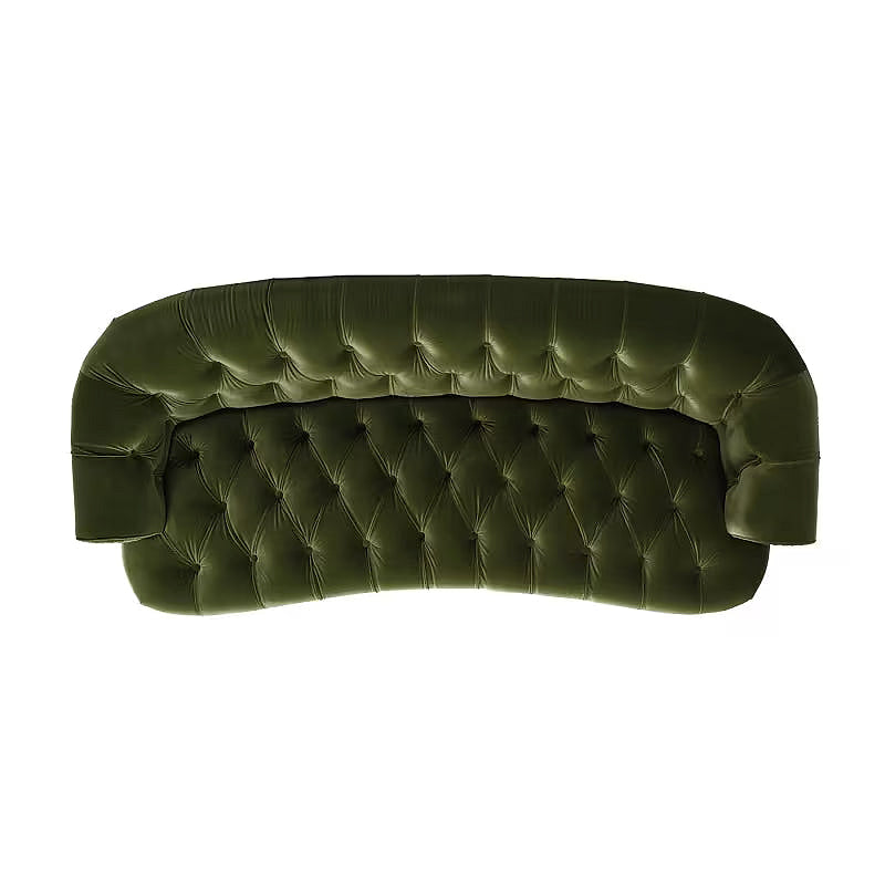 La Rosa Olive Green Velvet Chesterfield Sofa — overhead view of the tufted seat and curved back