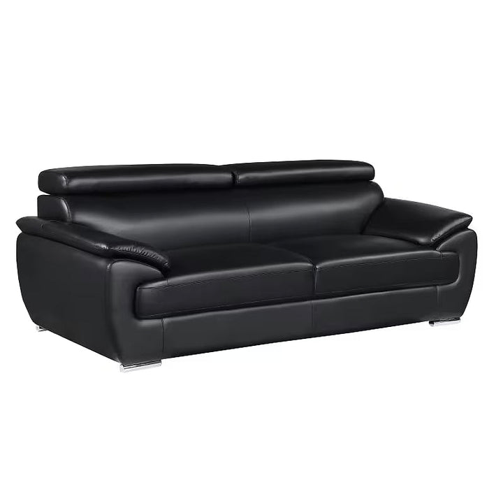 Sterling Black Leather Sofa — three-quarter view on a white background