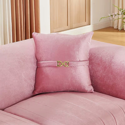 Aurelia pink velvet loveseat, accent pillow detail