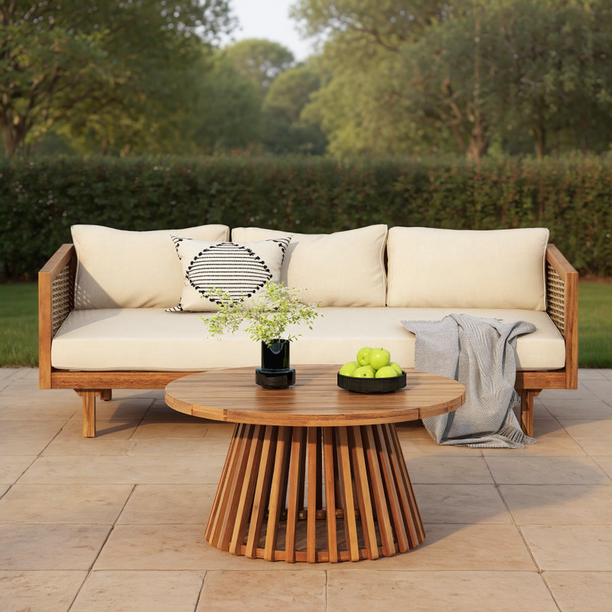 Patio sofa with beige cushions and a round slatted-base table on a garden terrace