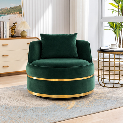 Sable Green Velvet Swivel Barrel Chair in a furnished living room