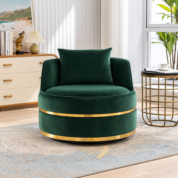 Sable Green Velvet Swivel Barrel Chair in a furnished living room