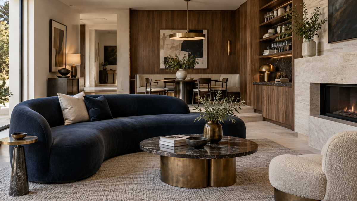 Luxury lounge with a curved navy sofa, warm walnut walls and brass details