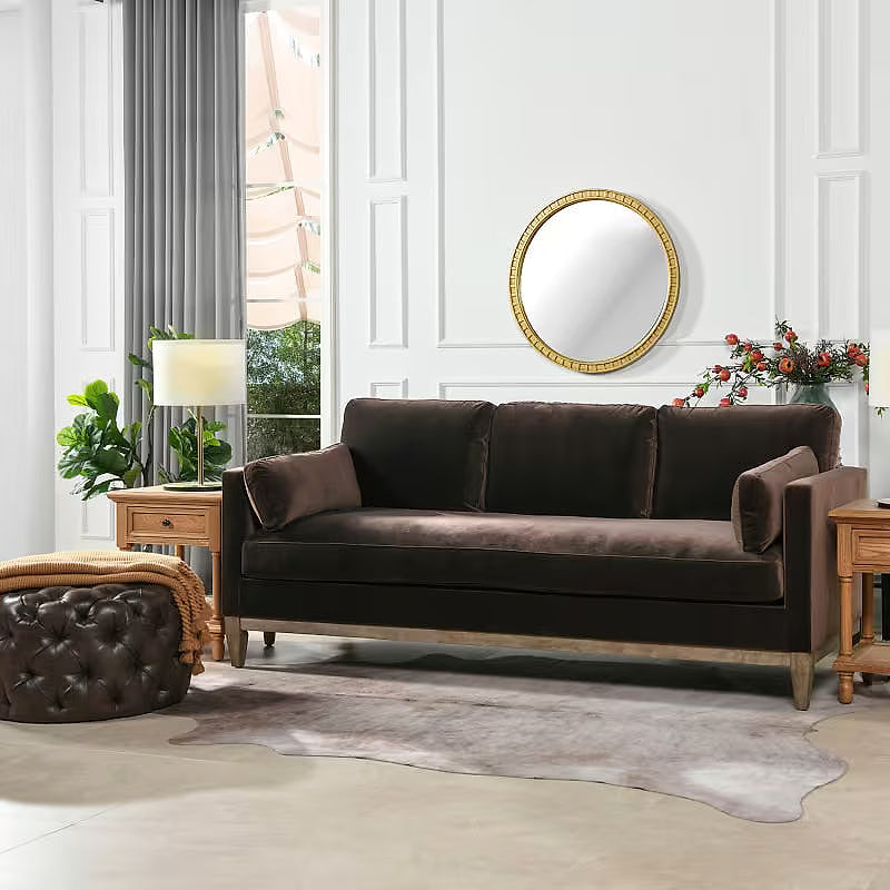 Knox deep brown velvet sofa, angled room view