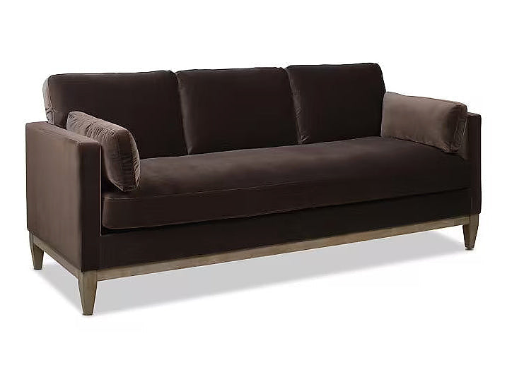 Knox deep brown velvet sofa, angled front view