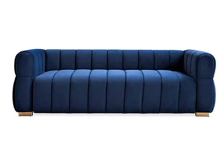 Soren blue channel-tufted three-seat sofa, front view