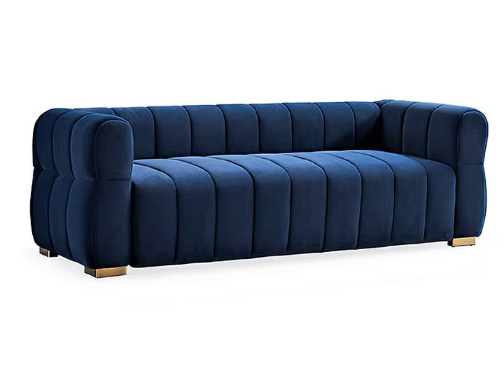 Soren blue velvet sofa, angled front view